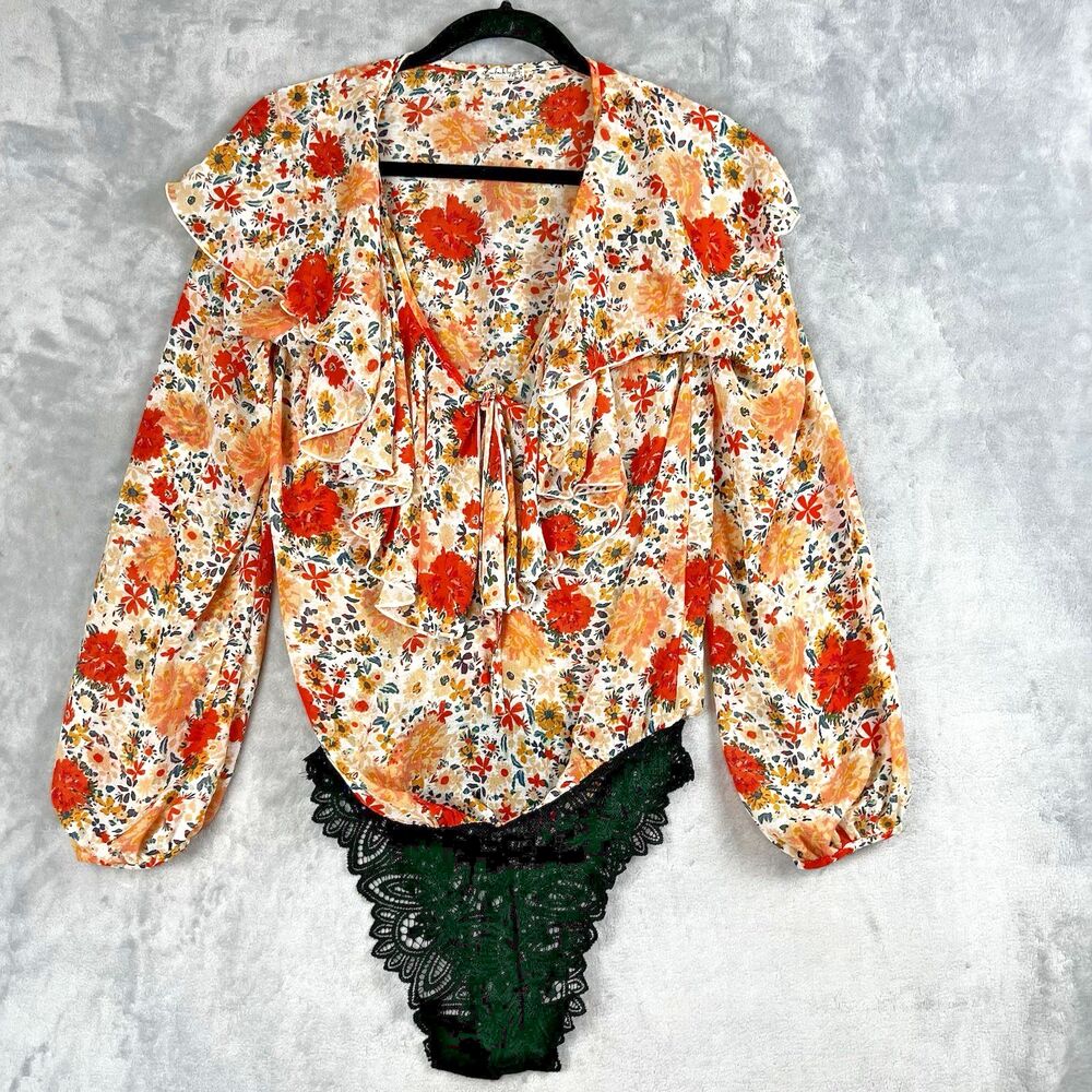 Free People Bodysuit Tops‎ Say It To Me Floral Sheer XS Multicolor Ruffled